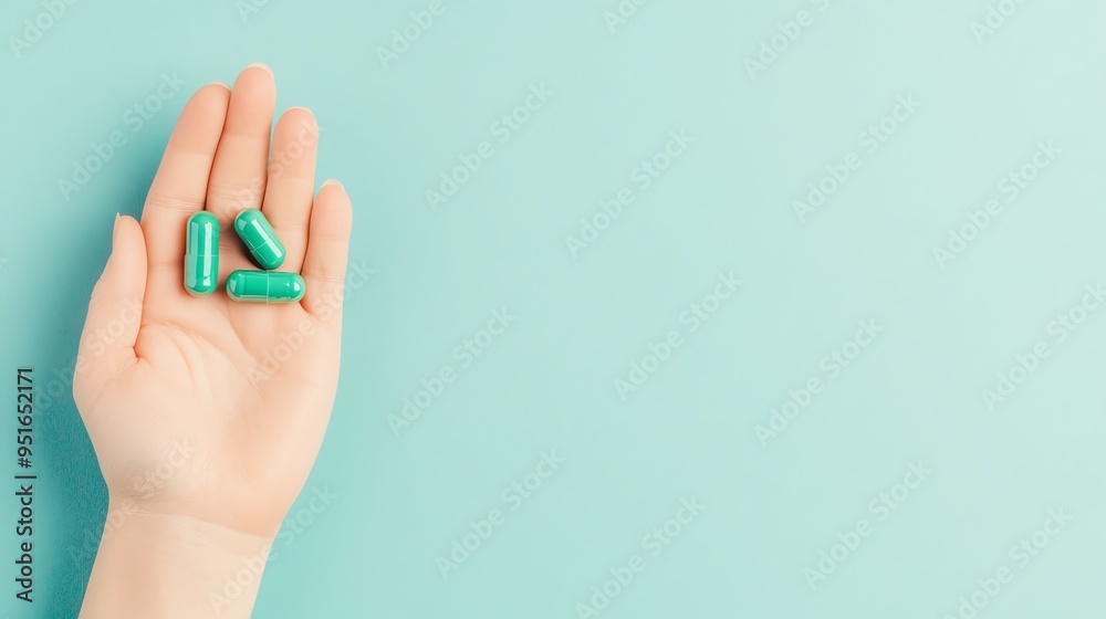 Naklejka premium A hand holds green capsules against a minimalistic mint background, symbolizing health and wellness.