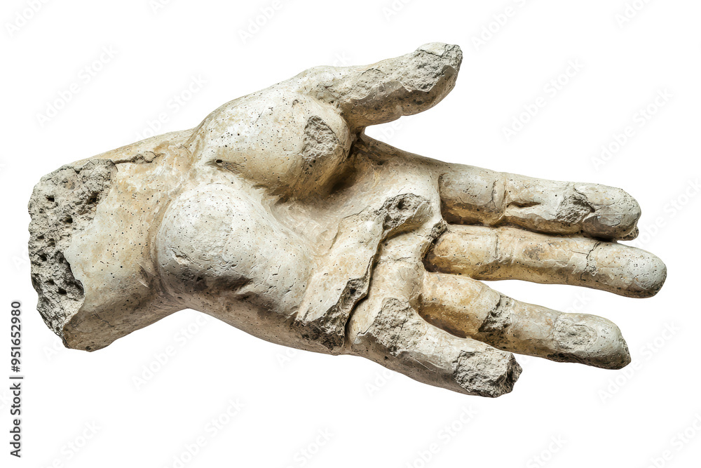 Weathered stone hand sculpture with a rough, aged texture, capturing ...