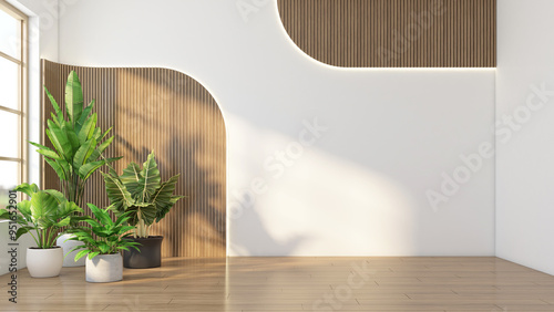 Modern japan style empty room with wood slat wall arch and white wall for product presentation. On the side are green indoor plant. 3D rendering