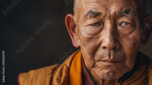 A man with a beard and wrinkles on his face is looking at the camera