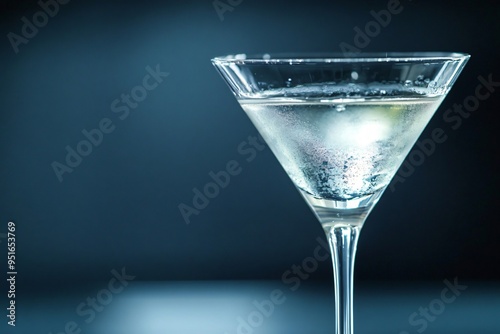 Classic martini glass is standing on a dark blue background, filled with a refreshing cocktail and garnished with a green olive photo