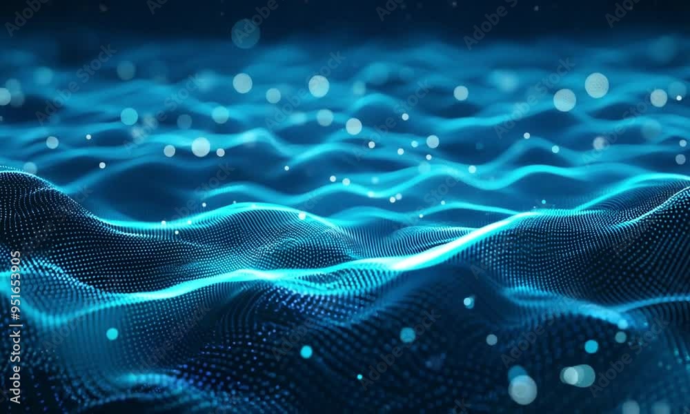 Digital data waves moving through an abstract landscape of glowing dots and lines, the appearance of sound or music Digital data waves moving through an abstract landscape of glowing dots and lines, the appearance of sound or music