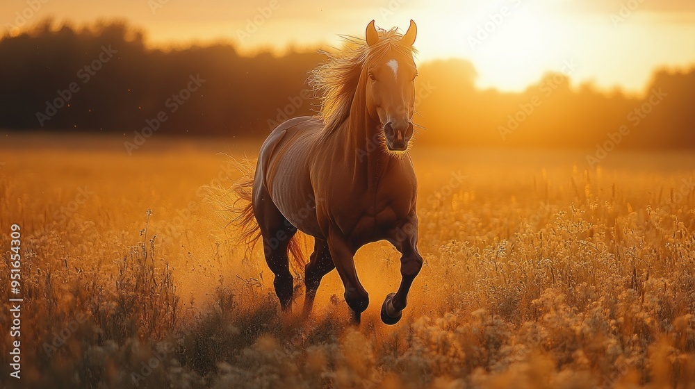 Horse Running Through Golden Field at Sunset Horse Running Through Golden Field at Sunset