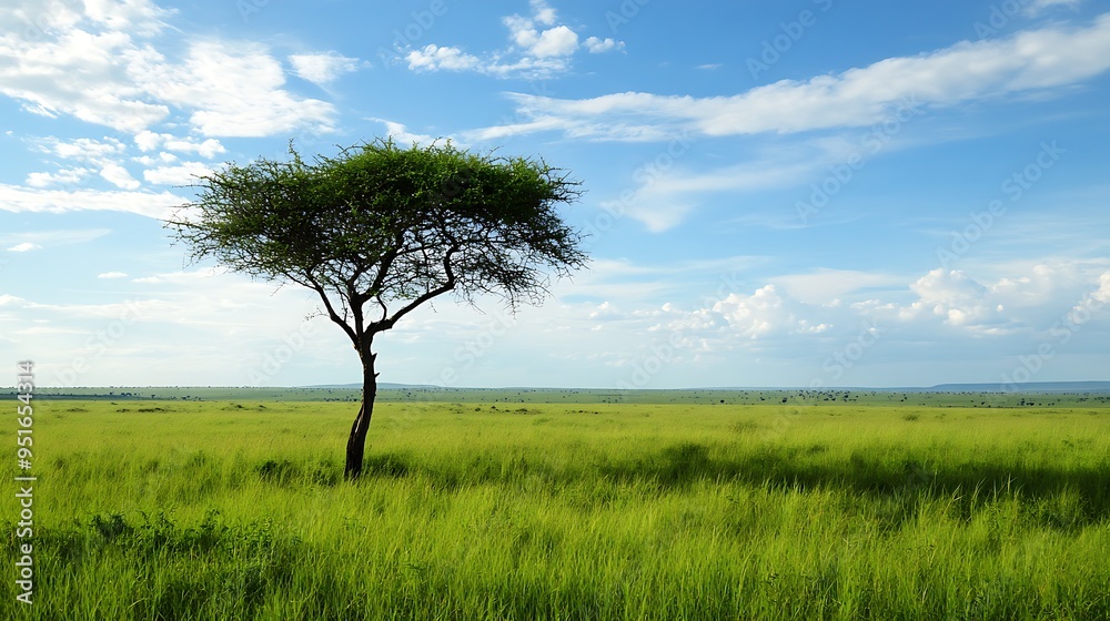 Fototapeta premium Serengeti National Park: Exploring the Vibrant Green Savannah and Wildlife Wonders of Tanzania's Premier Eco-Tourism Destination