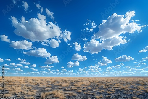 Expansive Cloud-Filled Blue Sky Over Dry Grassland Horizon - Ideal for Nature-Themed Designs photo