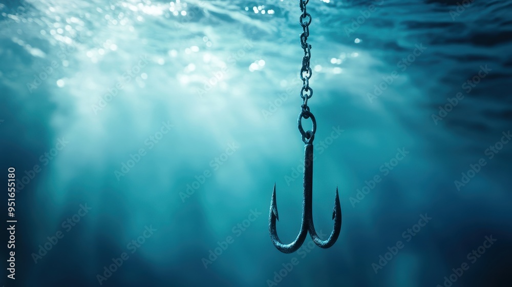 A hook from a fishing line hanging underwater from the bottom of the vast ocean, fishing catching season, scenic view, clear blue waters A hook from a fishing line hanging underwater from the bottom of the vast ocean, fishing catching season, scenic view, clear blue waters