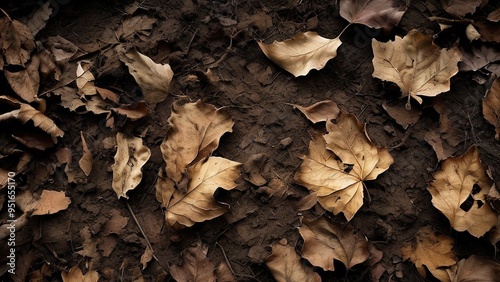 A close-up shot of dry, brown leaves scattered on the ground.