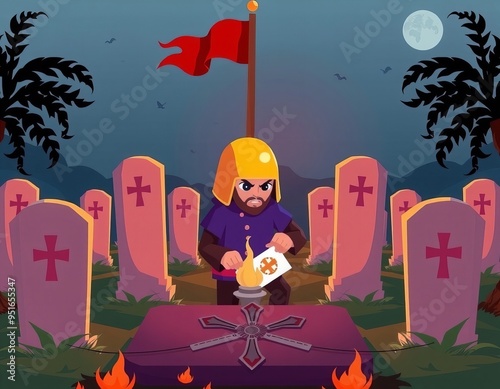 cartoon illustration of a man in a helmet is sitting at a grave with a knife. photo