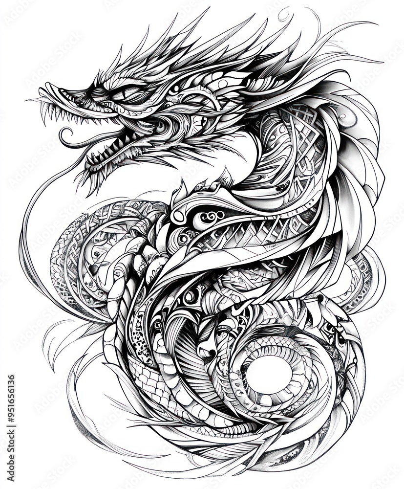 A detailed black and white illustration of a dragon with intricate patterns and designs.