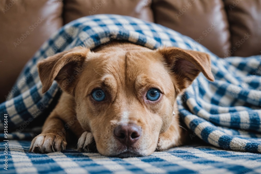 A dog with bright blue eyes laying on a checkered blanket on a couch A dog with bright blue eyes laying on a checkered blanket on a couch