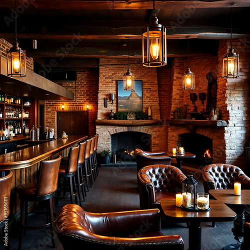 Cozy rustic bar interior with brick walls and warm lighting