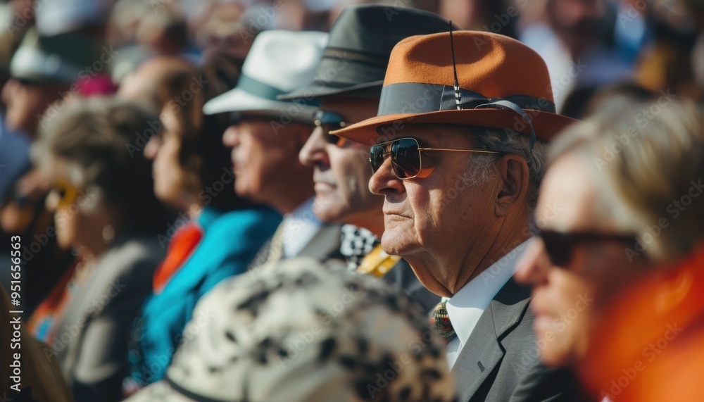 Spectators with Hats and Sunglasses Watching a Kentucky Derby Race from the Stands Spectators with Hats and Sunglasses Watching a Kentucky Derby Race from the Stands