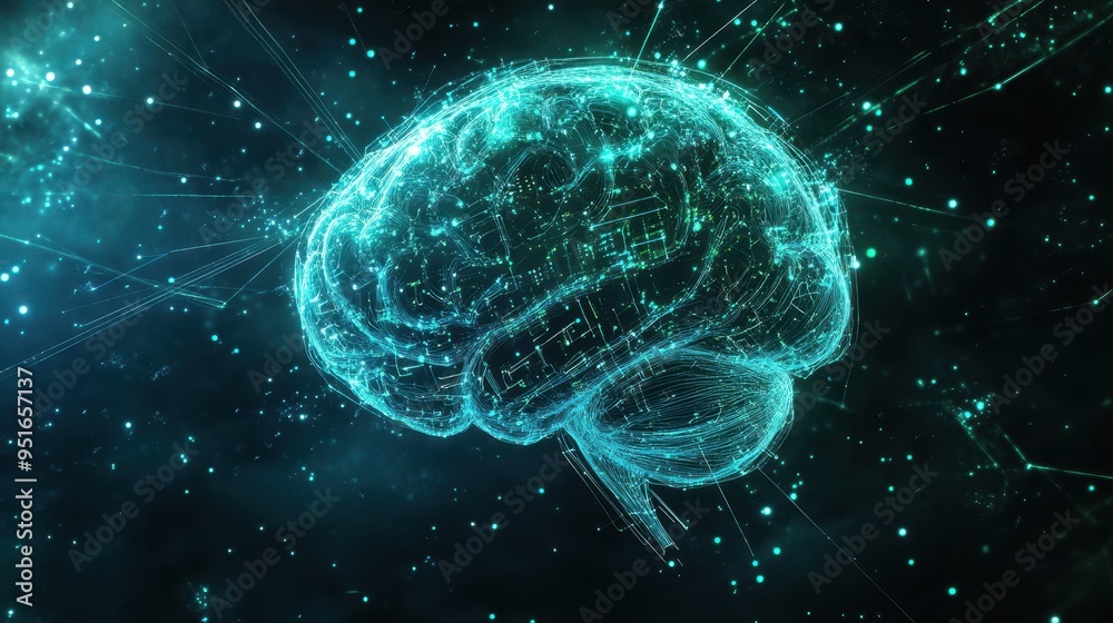 Abstract Digital Brain with Glowing Lines and Particles - Artificial Intelligence Concept. Abstract Digital Brain with Glowing Lines and Particles - Artificial Intelligence Concept.