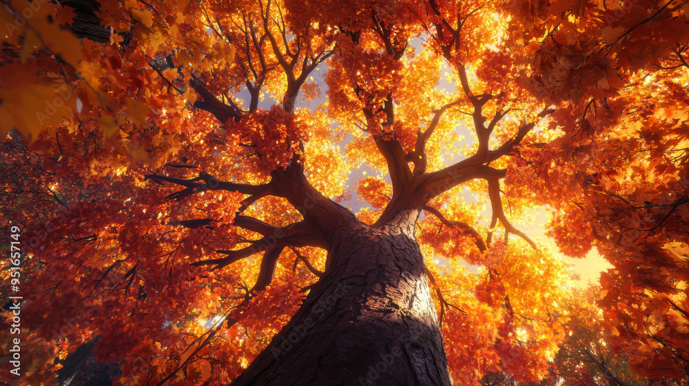 A towering tree with brilliant orange and yellow leaves stands prominently against the sky, creating a breathtaking view of autumn's beauty. Soft light highlights the foliage. A towering tree with brilliant orange and yellow leaves stands prominently against the sky, creating a breathtaking view of autumn's beauty. Soft light highlights the foliage.