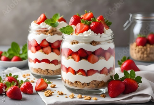 Yogurt. Healthy dessert, healthy diet. Fresh fruit. Cereal, berries, strawberry