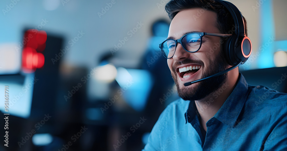 Call center, business man and laugh with customer support, advice and online consultation. Office, crm feedback and help desk operator with internet, web and solution advisory with telemarketing Call center, business man and laugh with customer support, advice and online consultation. Office, crm feedback and help desk operator with internet, web and solution advisory with telemarketing