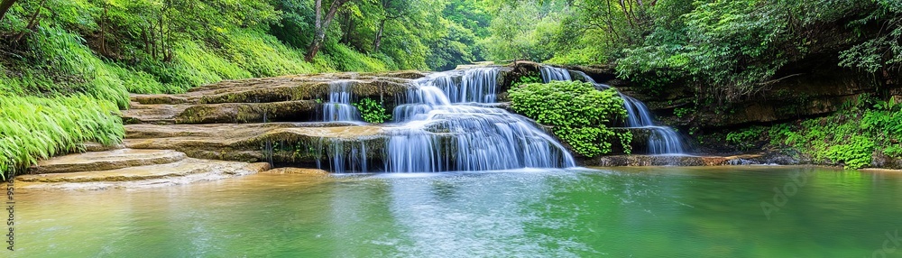Fototapeta premium Waterfall in an enchanted green forest, with lush, vibrant greenery, soft sunlight, and a magical, almost fairy-tale feel