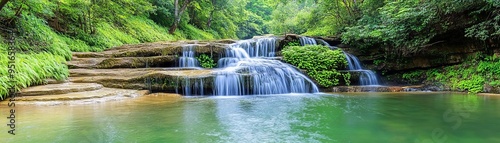 Waterfall in an enchanted green forest, with lush, vibrant greenery, soft sunlight, and a magical, almost fairy-tale feel
