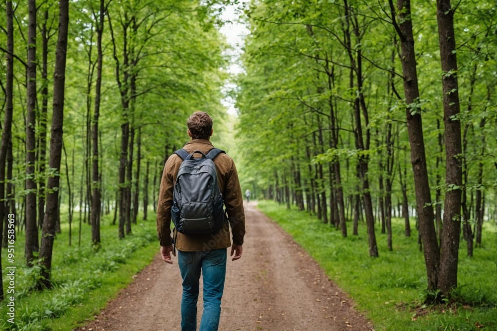 Obraz premium Rear view of Caucasian man with backpack walking down a path full of trees