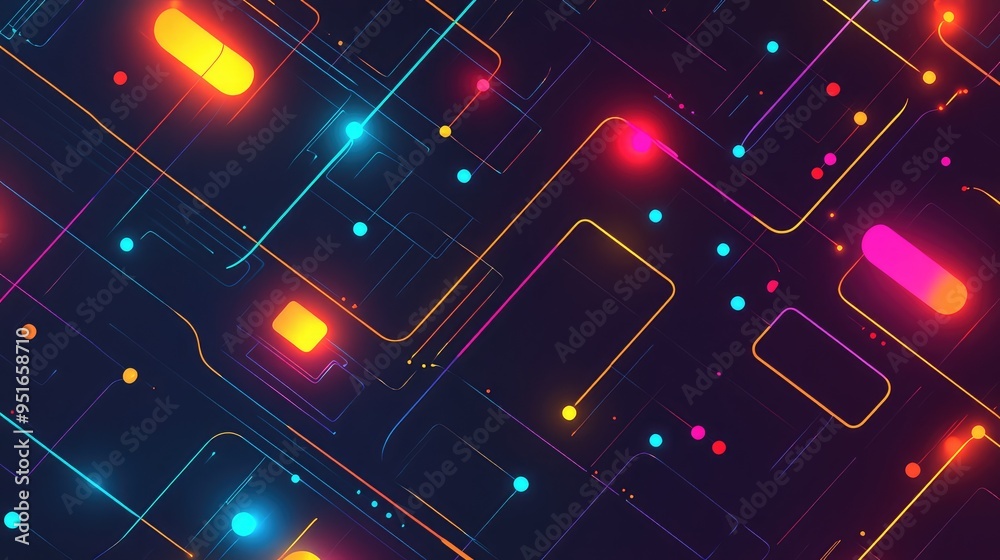 Obraz premium A modern isometric pattern with bright, colorful dots and lines creating an abstract, futuristic background.