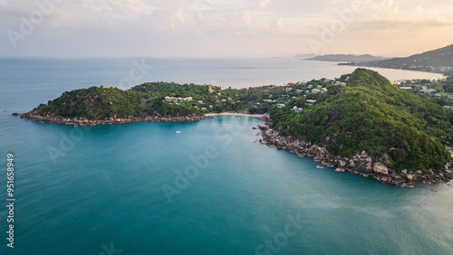 Aerial view at sunset of Koh Samui island near lamai village coral cove silver beach Thailand  photo