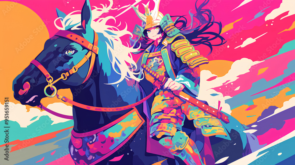 Fototapeta premium Cute horse wearing Japanese samurai armor, cool poses, cute kawaii, simple, smiling happy. neon psychedelic background