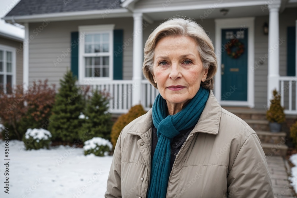 Senior caucasian woman standing in front of house in winter Senior caucasian woman standing in front of house in winter