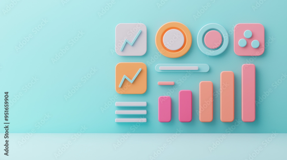 Digital marketing analysis, social graphs and analytics icons, 3D illustration