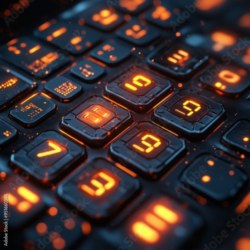 Futuristic Glowing Number Pad Keyboard Closeup.