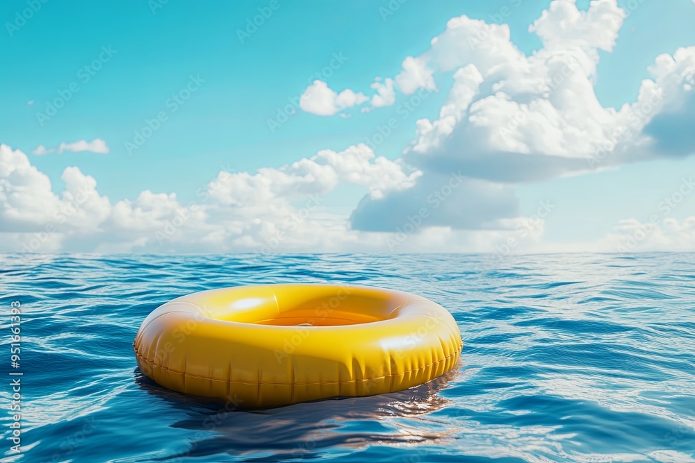 A yellow inflatable ring floats on a calm, blue ocean under a bright sky. A yellow inflatable ring floats on a calm, blue ocean under a bright sky.