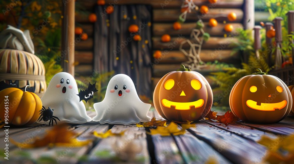 Halloween pumpkin world inhabiting a wooden house..