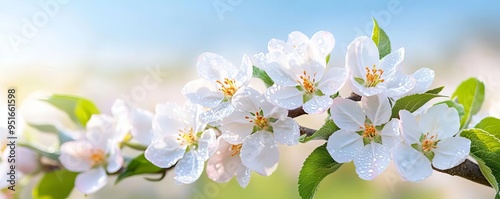 White apple blossoms covering orchard trees, morning dew glistening on petals, serene and fresh spring landscape, pastel tones