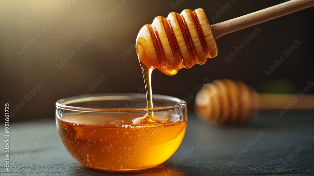 Fresh Honey Dripping from Wooden Dipper into Glass Bowl. Fresh Honey Dripping from Wooden Dipper into Glass Bowl.