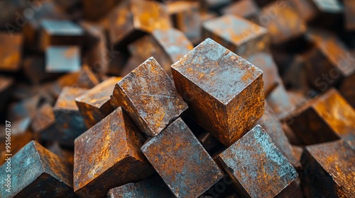 Rusty metal blocks stacked in a chaotic arrangement at a scrapyard