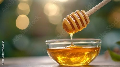 Fresh Honey Dripping from Wooden Dipper into Glass Bowl.