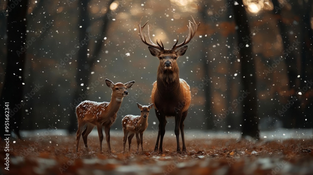 A family of deer standing in a clearing as the first autumn snow begins to fall A family of deer standing in a clearing as the first autumn snow begins to fall