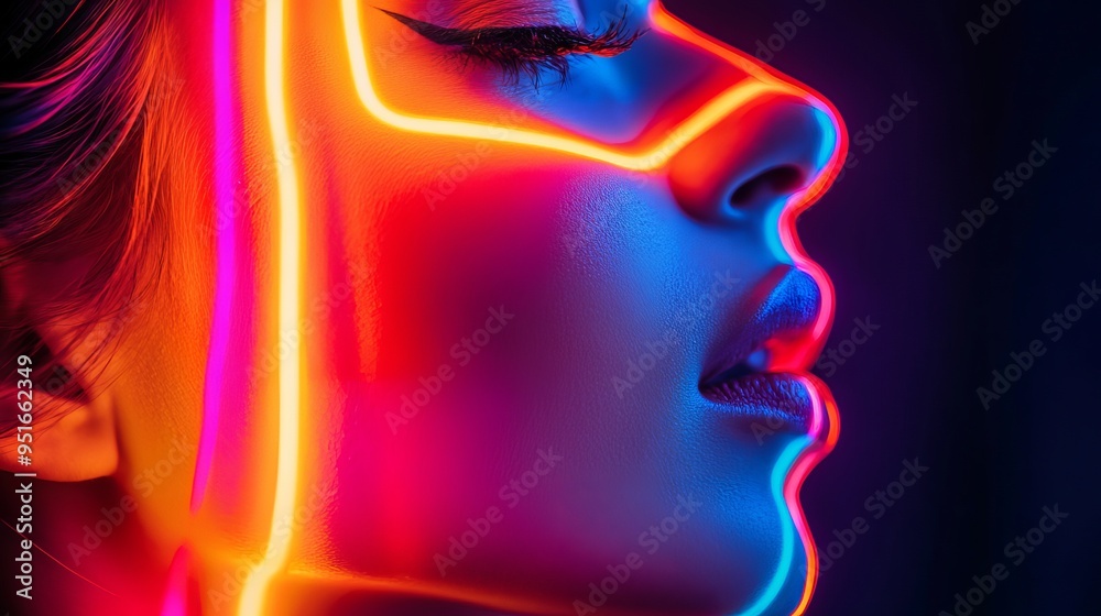 Neon-lit portrait of a woman with striking colors against a dark background Neon-lit portrait of a woman with striking colors against a dark background