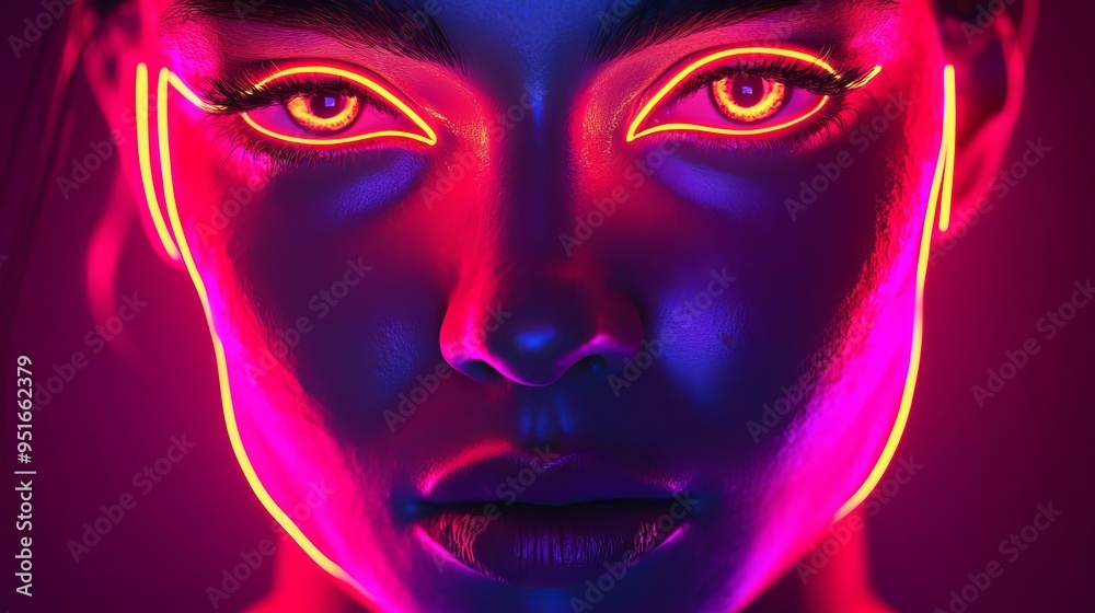 Brightly lit close-up of a woman's face with neon makeup and striking features Brightly lit close-up of a woman's face with neon makeup and striking features