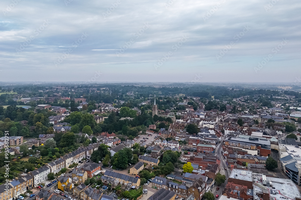 Aerial drone shot over the town of Bishops Stortford in England Aerial drone shot over the town of Bishops Stortford in England