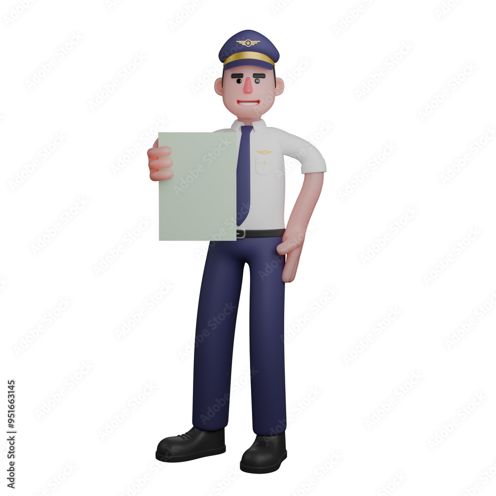 Aviation 3D Illustration. A pilot is standing with his right hand holding a piece of paper while his left hand is on his waist. Professional Male Pilot Aviation 3D Illustration. A pilot is standing with his right hand holding a piece of paper while his left hand is on his waist. Professional Male Pilot