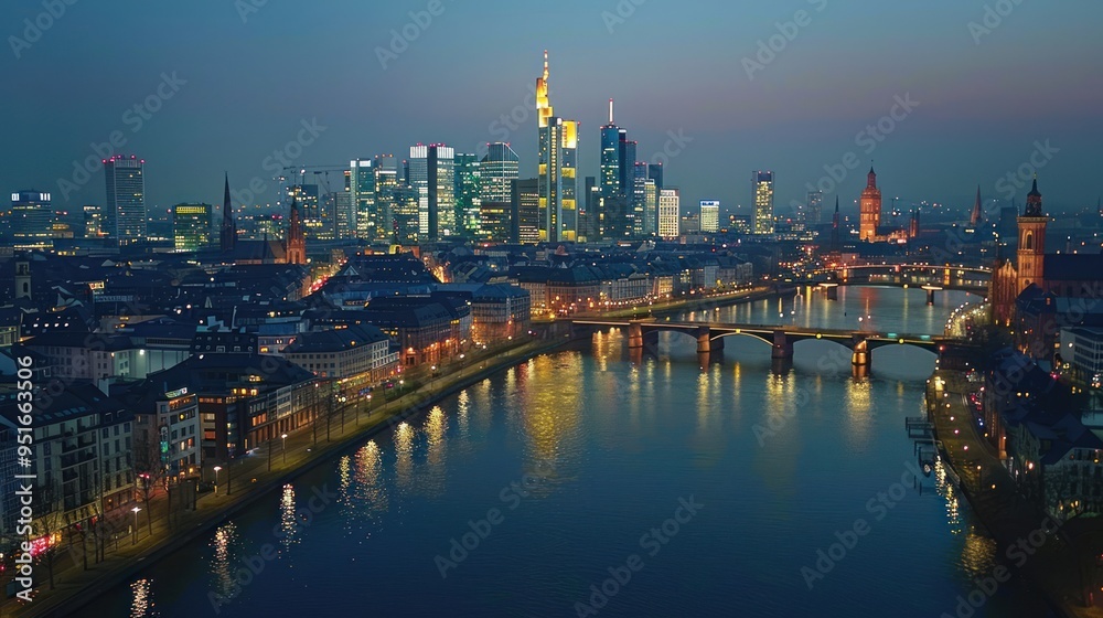 An aerial view of the illuminated skyline of Frankfurt am Main An aerial view of the illuminated skyline of Frankfurt am Main