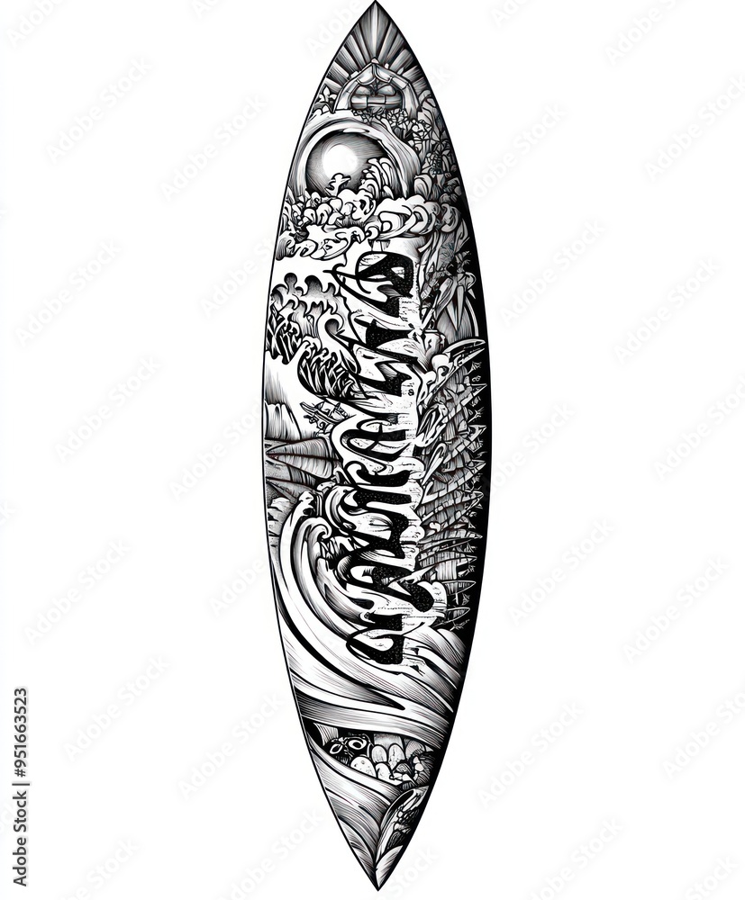 A surfboard featuring intricate black and white artwork depicting waves and nature. A surfboard featuring intricate black and white artwork depicting waves and nature.