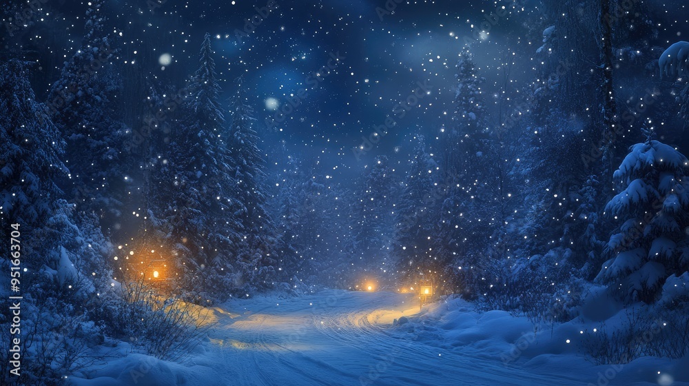 Naklejka premium snow falling at night in a snowy dark forest with lights and stars