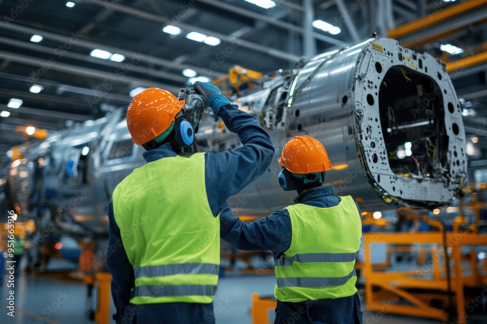 Workers in exoskeleton suits assembling spacecraft, highlighting the industry's future and supply chain resilience.