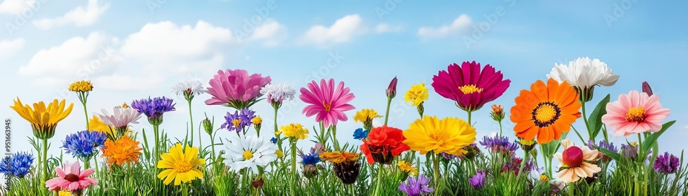 Wildflower meadow in bloom, a mix of colorful flowers, natural landscape, representing untouched beauty and eco-friendly themes Wildflower meadow in bloom, a mix of colorful flowers, natural landscape, representing untouched beauty and eco-friendly themes