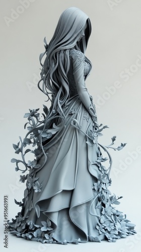 Gray Scale Sculpture of a Woman in a Dress with Flowers.