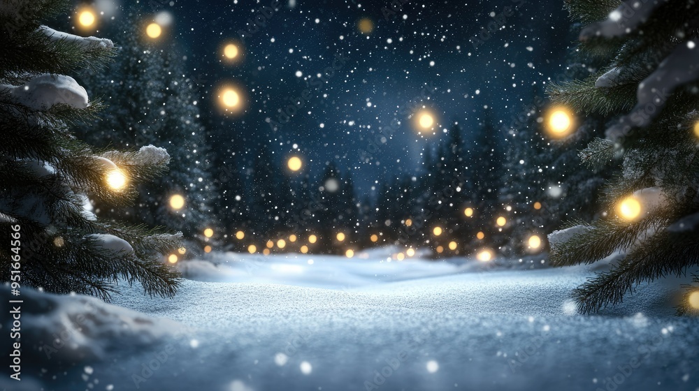 snow falling at night in a snowy dark forest with lights and stars snow falling at night in a snowy dark forest with lights and stars