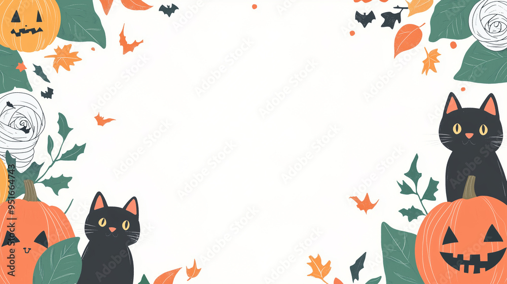 A cute Halloween-themed border design featuring black cats, pumpkins, bats, and autumn leaves on a light background, perfect for festive invitations or decorations. A cute Halloween-themed border design featuring black cats, pumpkins, bats, and autumn leaves on a light background, perfect for festive invitations or decorations.