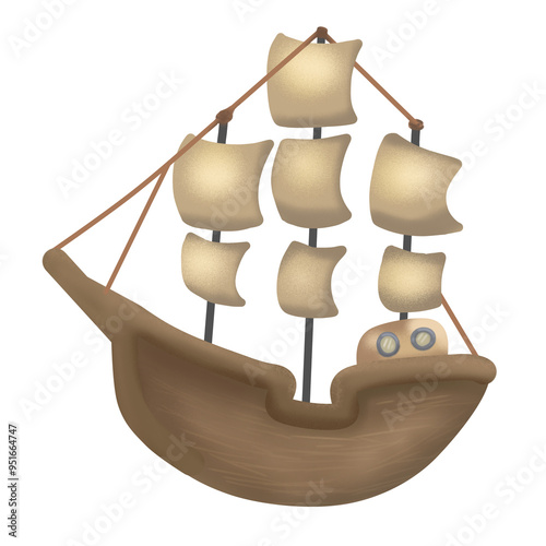a ship with several sails. This ship is like an ancient sailing ship that is often associated with exploration or piracy