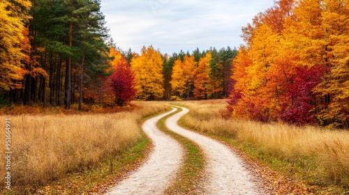 Scenic winding path leading through a vibrant autumn forest with colorful foliage, showcasing the beauty of fall in nature.